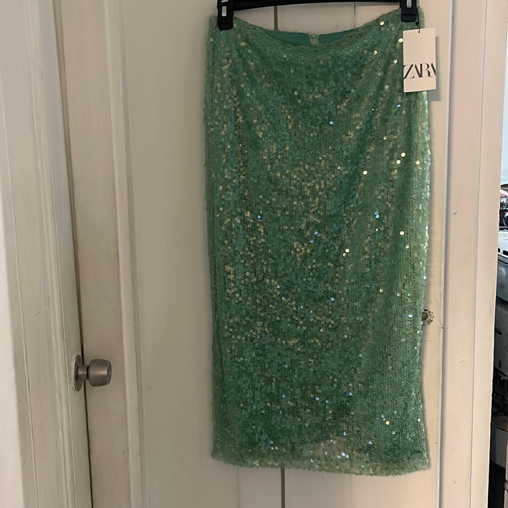 Zara Sequin Midi Skirt in Mint